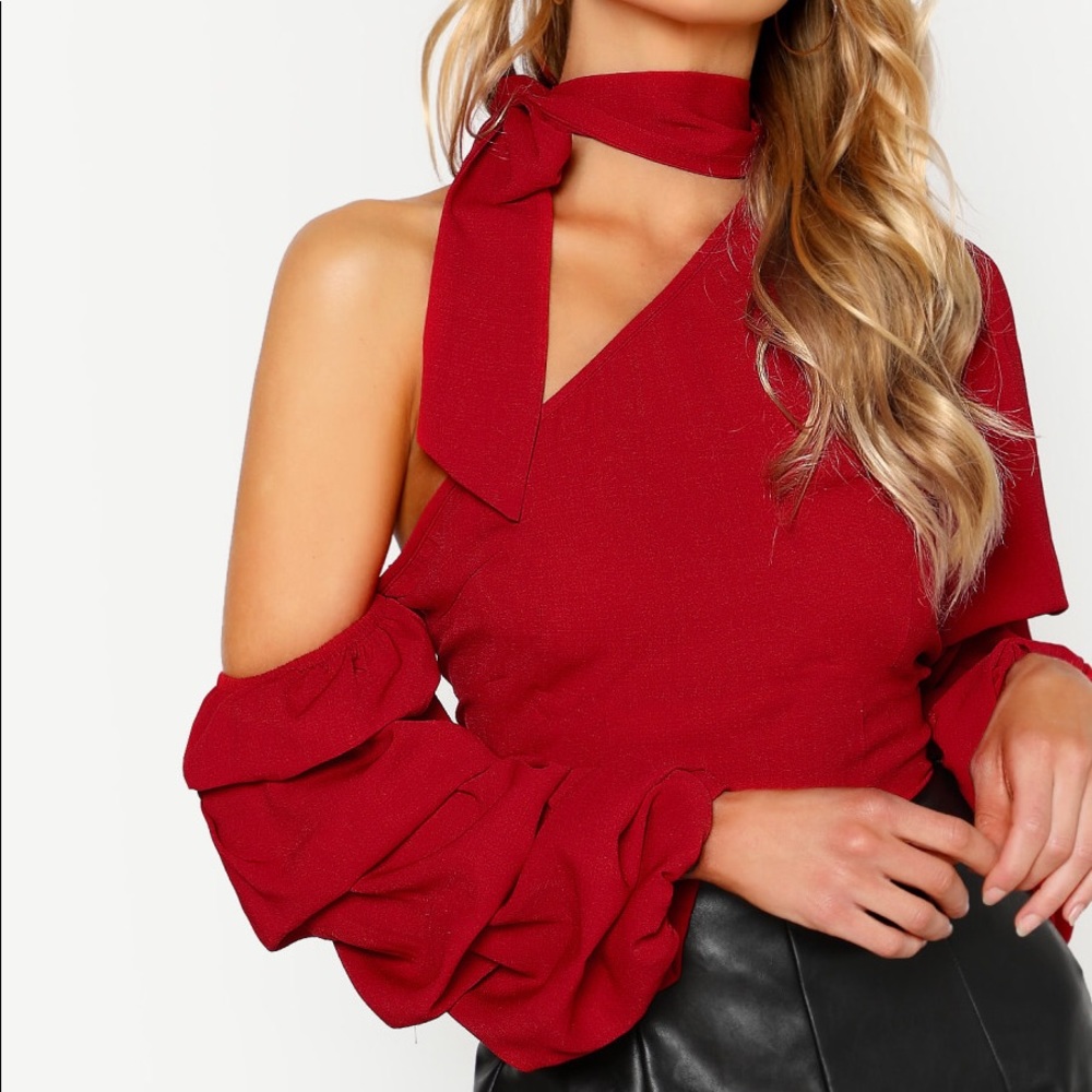 NWOT Choker Neck Bishop Sleeve Asymmetric Shoulder